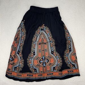 Lapogee Size L Boho Midi Skirt Hippie Earthy Pattern Embroidered Drawstring Bell